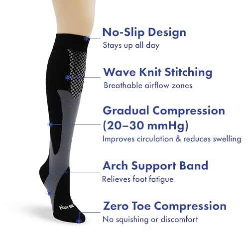 Image of Nurse Yard Compression Socks for Women and Men | 20-30mmHg Graduated Medical Compression Socks for Nurses | Travel and Flying | Athletic Support for Running, Best Compression Socks | 1 Pair Black
