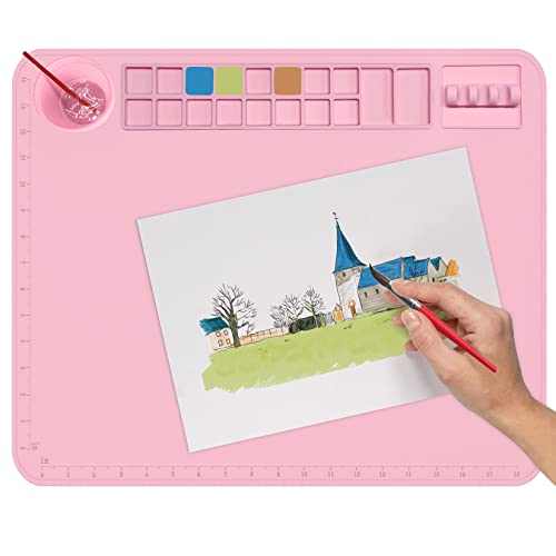 Silikon Bastelmatte, Große Silikon Bastelmatte zum Malen für Kinder, 40 x 50 cm Bastelmatte mit Sauberen Bechern, 18 Farbtrennern zum Malen, Kunst, Ton und Play Doh- Rosa Cover