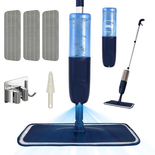 Bizcasa Mopa Fregona con Pulverizador, Mopas de Limpieza Suelos con depósito Spray Mop Fregona Microfibra para el hogar, Cocina, Madera Dura, laminados, Azulejos (Azul - 500 ml - 3 pcs Pads)