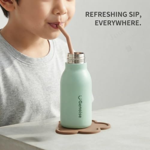 Image of JOUET Kids Stainless Steel Water Bottle 450ml with Mint Green Dinosaur Character Lid, Leakproof Straw Bottle for School, Travel & Daily Use