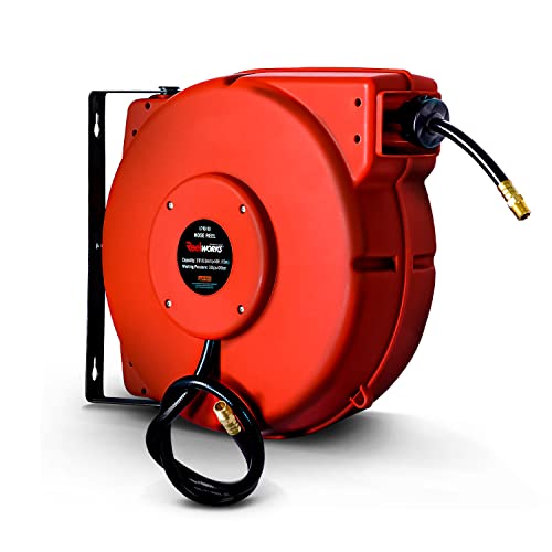 ReelWorks Air Hose Reel Retractable 3/8" Inch x 50' Foot Hybrid Polymer Hose Max 300PSI Commercial Polypropylene Construction