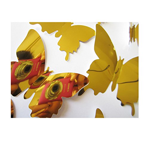ufengke 12-Pcs 3D Mirror Butterflies Wall Stickers Fashion Design DIY Butterfly Art Decals Crafts Home Decoration, Golden