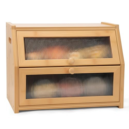 Large Bread Box for Kitchen Countertop, Wooden Bread Bin with Double Layer Storage and 0.6-inch Thick Natural Wood Panels, Rustic Bread Box Organizer for Kitchen (Natural Wood)