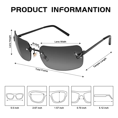 Rectangle Y2k Sunglasses for Women,Trendy Rimless Sunglasses Retro Square Vintage Shades2