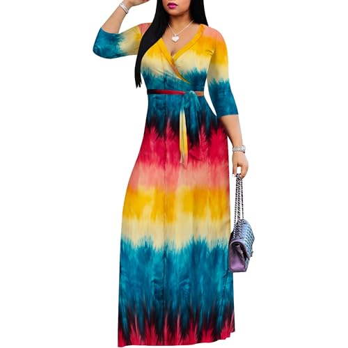 Image of PinkPatty Plus Size Maxi Dress for Women 3 /4 Sleeve Casual Long Dress | Soft stretchy fabric, functional pockets, flattering wrap v neck for vacation, casual wear and everyday styling