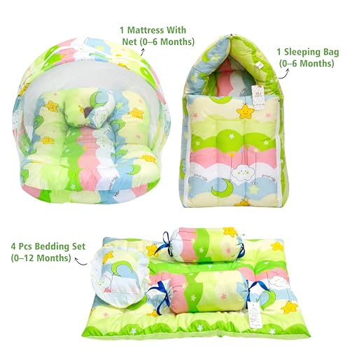 Image of Fareto Combo of Baby Bed with Net | Carry Bag | 4 Pcs Bedding Set (0-6 Months, Baby Size, Cotton) (Grass Green NEW Star)