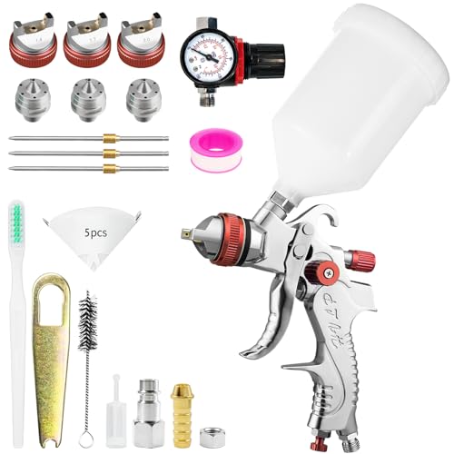 HVLP Gravity Feed Air Spray Gun Paint Sprayer with 1.4/1.7/2.0 mm Nozzles & Air Regulator 600CC Cup Air Paint Gun for Cars, Furniture, House Painting (Red-basic kit)