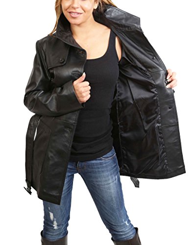 A1 FASHION GOODS Womens Real Leather Black Trench Coat Hip Length Fitted Parka Jacket Alba