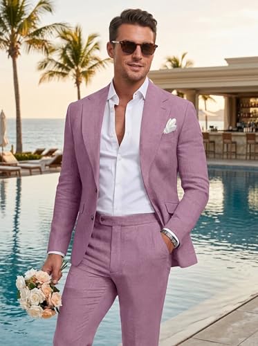 Image of Men's Linen Suit 2 Piece Slim Fit Summer Beach Wedding Prom Party | Breathable,Linen Blazer Suit Set,for Beach Weddings,Groom Wear,Prom and Outdoor Parties,Business Casual,Vacation Daily Wear
