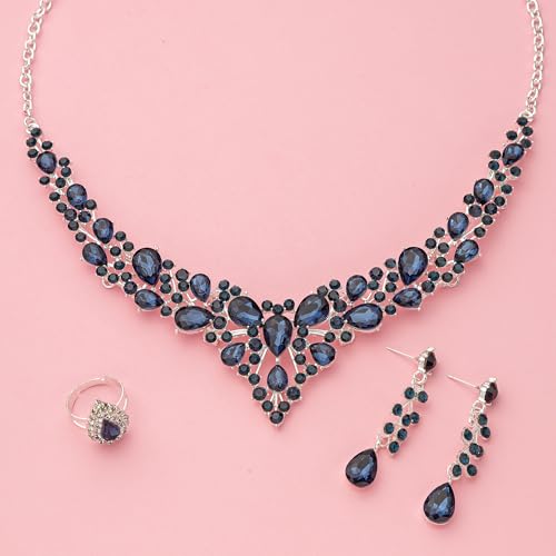 Crystal Bridal Wedding Jewelry Sets for Women Rhinestone Teardrop Crystal Statement Choker Necklace Drop Earrings Link Bracelets Rings Teardrop Jewelry Set for Brides Bridesmaids4