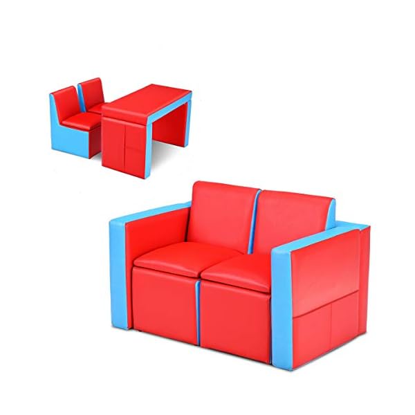   Costzon-Kids-Couch-2-in-1-Double-Seat-Childrens-Sofa-Convert-to-Table-and-Two-Chairs-for-School-Storage-Space-PVC-Surface-Large-Soft-Kids-Preschool-Sofa-Couch-for-Boys-Girls-Gifts-Red