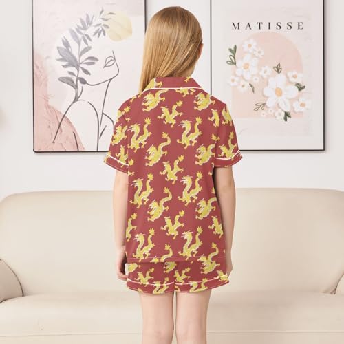 Dargon Pattern Pajamas Sets Short Sleeve Silk Stain Pjs Button Down Sleepwear for 5-14Y4