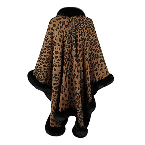 Faux Fur Shawl Wrap Womens Leopard Cape with Fur Trim Coat Bridesmaid Bolero Woolen Shrug Evening Dress Winter4