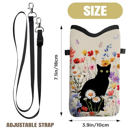 Image of Cell Phone Sleeve Pouch with Adjustable Strap - Cat with Floral