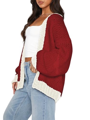 Image of Women's 2025 Fall Long Sleeve Cable Knit Sweater Color Block Open Front Cardigan Chunky Loose Outerwear Coats