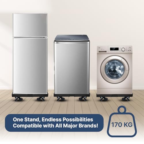 Smart Shelter Washing Machine Trolley for Fully and Semi Automatic, Front or Top Load, Fridge and Dishwasher Stand, Adjustable Metal and Wheels, Capacity 170Kg, Black (Min:16.5"x19.5", Max:25.5"x32")