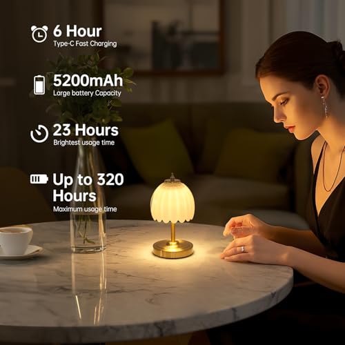 Image of Shenmoyl Set of 2 Tulip Table Lamp with 5200mAh Battery & Touch Control, Cordless Small Table Lamp with 3 Colors, Rechargeable Battery Operated Table Lamps for Nightstand, Bedroom (White Tulip)