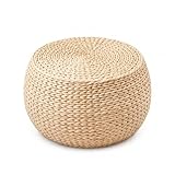 Aringceton Small Straw Round Pouf Ottoman, Natural Mini Solid Wood Footrest, Boho Low Tatami Footstool for Living Room Bedroom Patio, 12.2'×12.2'×8.7', Ideal for Foot Rest or Temporary Seating