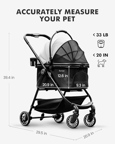 Pet Stroller for Small Dogs and Cats, One-Click Foldable Dog Stroller with Detachable Carrier & 3 Safety Tethers, Holds up to 33 lbs, Storage Basket & Cup Holder, Breathable Mesh, Black - Image 3