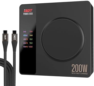 ISDT Power 200 200W USB C Desktop Charging Station - 4+1 Ports Compatible with MacBook Pro/Air, iPad, iPhone, Galaxy, Pixel(with Power Adapter, with Charging Function