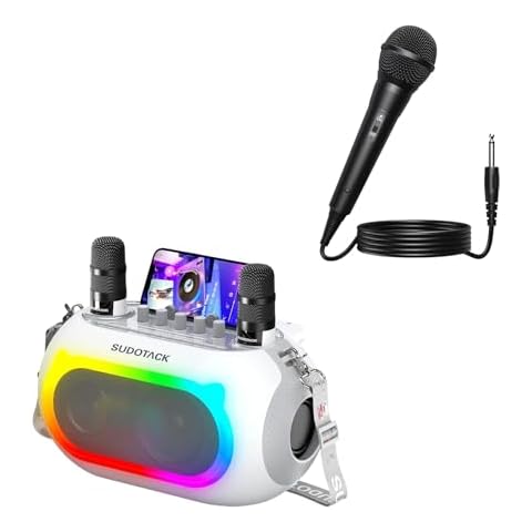 SUDOTACK Karaoke Machine with 3 Microphones, Portable Bluetooth Speaker with Bass/Treble Adjustment, PA System with LED Lights,Supports TF Card/USB, AUX in, REC for Party-White Cover