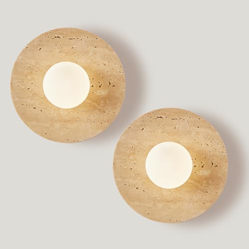 KOPCTOBL Yellow Travertine Wall Sconce Set of 2 7.8 Round Travertine Wall Lighting with Globe Glass Shade Natural Patterned Marble Wall Lamp for Bedside Hallway Living Room