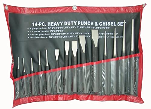 14 Pc Heavy Duty Punch & Chisel Set w/HD Pouch Pin Center Taper Punches