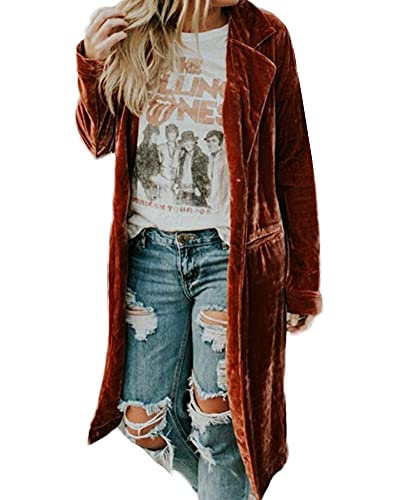 YAOTT Chaqueta de terciopelo de rayón para mujer abrigo de solapa de felpa chaqueta traje largo chaqueta casual elegante rompevientos transición de otoño ligero a prueba de viento marrón L Cover