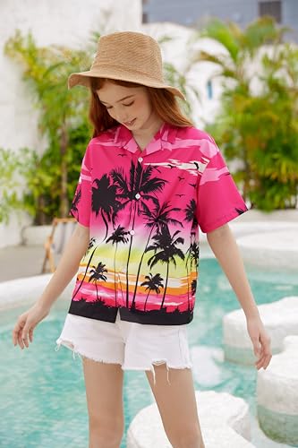 Image of Betusline Girls' and Womens' Hawaiian Shirt Blouse Button Down Beach Shirts | Casual breathable and comfortable Short Sleeve V-Neck Floral Tropical Blouse