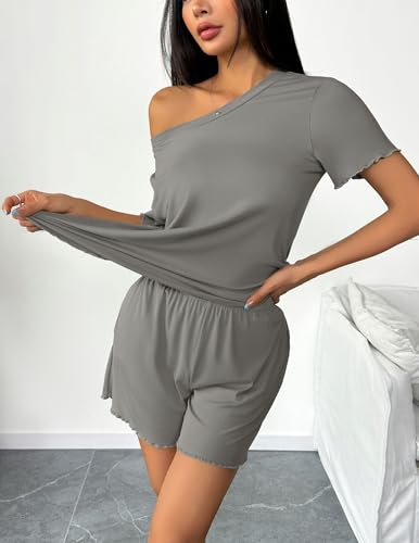 Image of Ekouaer 2 Packs Women Pajama Set Short Sleeve Sleepwear Soft Top and Shorts | Casual Pjs Outfits Ribbed Knit Lounge Set with Pockets