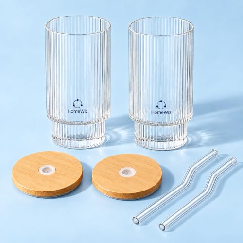 Image of HomeWiz Ribbed Glass Tumbler Set of 2 (450ml) with Bamboo Lid & Glass Straw - Vintage Sipper Glasses | Borosilicate Cups for Cold Coffee, Iced Tea, Juice & Smoothies | Reusable Cold Brew Tumbler