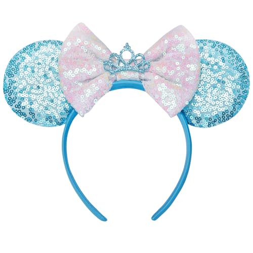 YUNISS Sparkle Mouse Ears Headband for Women & Girls Princess Costume Cosplay Lightweight Cartoon Ear Headbands for Halloween Christmas Party Decoration (TG-Blue Crown)