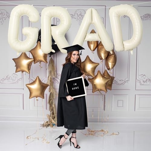 Image of 40 Inch Beige GRAD Balloons for Graduation Party Decorations, Large Cream White Sand Grad Balloons Letter, Ivory Alphabet Grad Banner Sign for Class of 2026 Congrats Grad Party Decor Supplies