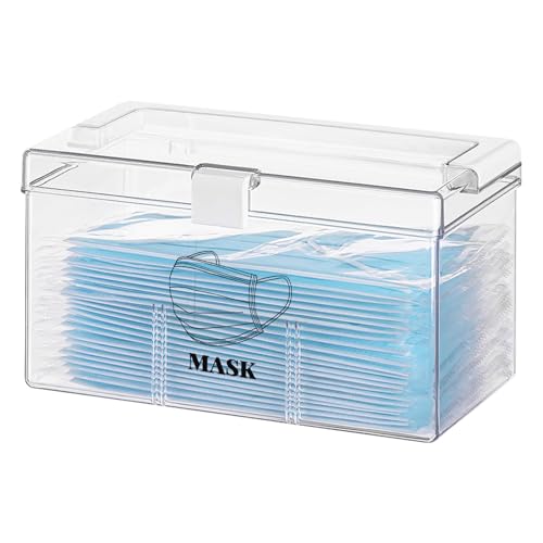 Yomjarl Face Mask Dispenser Box with Handle Countertop Mask Storage Box Holder Dust-Proof Mask Storage Case for Disposable Emesis Bag, Shoe Cover and Hairnet for Home Office Car Clear