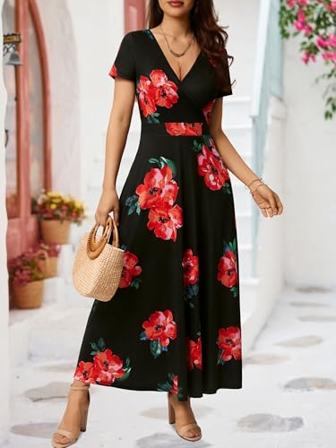 Image of HUHOT Women's Short Sleeve Wrap V Neck Dresses for Wedding Guest Summer Floral Maxi Sundresses with Pockets Boho Dress