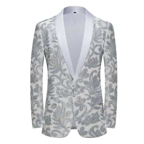 PYJTRL Hombres Moda Terciopelo Lentejuelas Patrón Floral Traje Chaqueta Blazer,Platead,XL