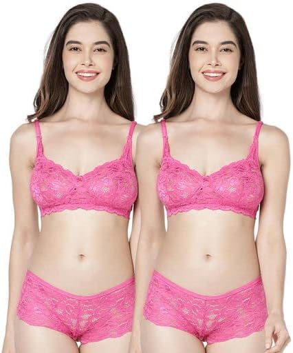 K LINGERIE Crazy Floral Embroidered Lace Bridal/Honeymoon Lace/Net Lingerie Set for Women, Non Padded, Non Wired with Seamed/Cut & Sew Cups | Pack of 2 |