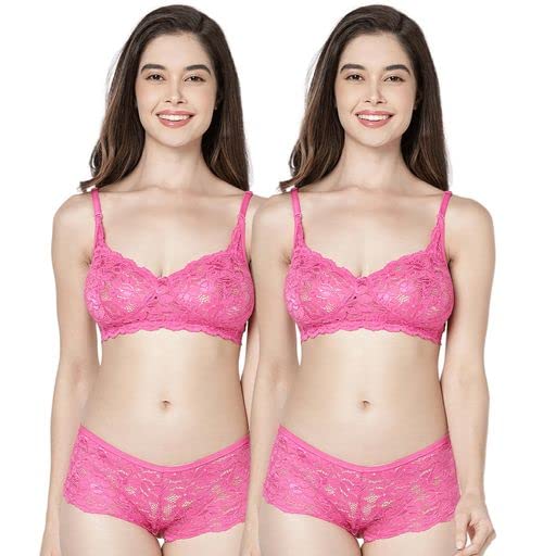 K LINGERIE Crazy Floral Embroidered Lace Bridal/Honeymoon Lace/Net Lingerie Set for Women, Non Padded, Non Wired with Seamed/Cut & Sew Cups | Pack of 2 |