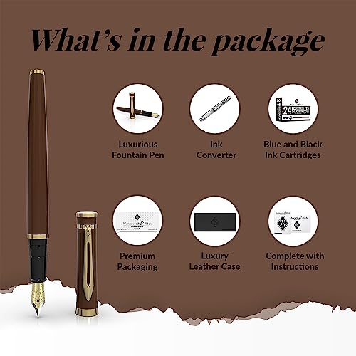 Wordsworth & Black Fountain Pen Set, Medium Nib, Includes 24 Ink Cartridges And Ink Refill Converter, Gift Case, Journaling, Calligraphy, Smooth Writing Pens [Brown Gold], Perfect For Men And Women #TOP4