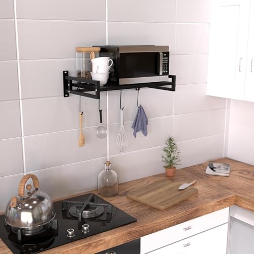 Image of REMANENCE Microwave Oven Stand Wall Mount Heavy Load Shelf Stand 4-Hooks Kitchen Wall Mounted Storage Organiser OTG Printer Shelf Fax Rack Black (1 Tier)