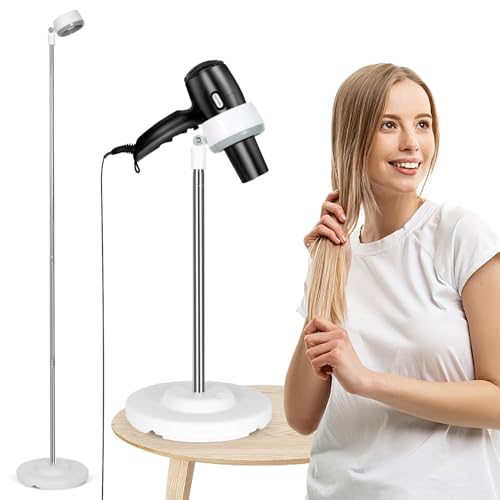 INNOLIFE Hair Dryer Stand, Adjustable Height Handsfree Dryer Holder with Base, 180 Degree Rotating Floor Stand - White