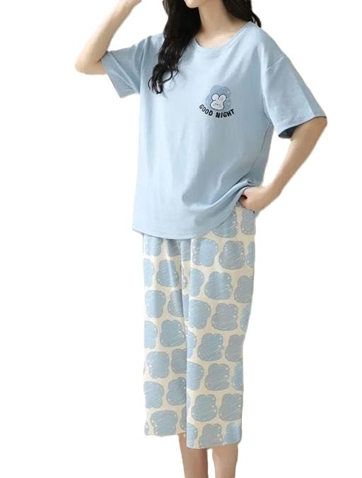 Women Oversized Lounge Set Soft Cotton Feel Relaxed Round Neck T Shirt with Matching Capri Pyjama Night Suit-picture-46