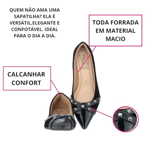 Sapatilha Feminina Bico Fino Piramide Rasteira Flat Confortável Via Angel 1604. (Preto, BR, Adulto,