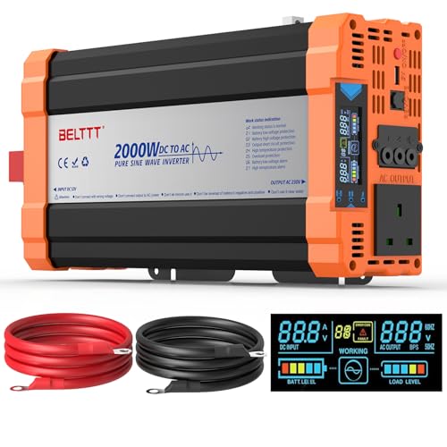 2000W Power Inverter 12V to 230V AC Pure Sine Wave Inverter Car Inverter DC 12v to AC 230V UK with AC Sockets Dual Car Adapter With LED Display Suitable for Travel RV Camping