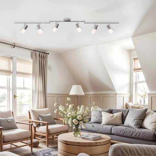 Image of 6-Light Decorative Track Lighting Kit, Brushed Steel Finish Flush Mount Ceiling Light Fixture with Frosted Glass Shades, Foldable Z-Bar, E26 Adjustable Heads Provide Directional Light