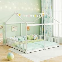 KOMFOTT Double Twin Floor House Bed, House Platform Beds for 2 Kids, Double Montessori Floor Bed with Safety Guardrails, No Box Spring Needed, Wooden Slat Supported Twin Bed White