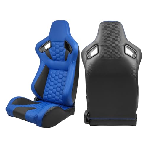 IKON MOTORSPORTS, Universal Racing Seats with Dual Sliders, Reclinable Blue & Black PU + Carbon Leather with Hexagonal Quilting Sport Bucket Seats, 1 Pair Driver + Passenger Side - Image 3