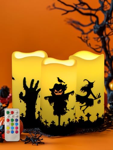 Image of Halloween Battery Operated Pillar Flameless Candles with Timer Remote for Decorations Indoor Set of 3