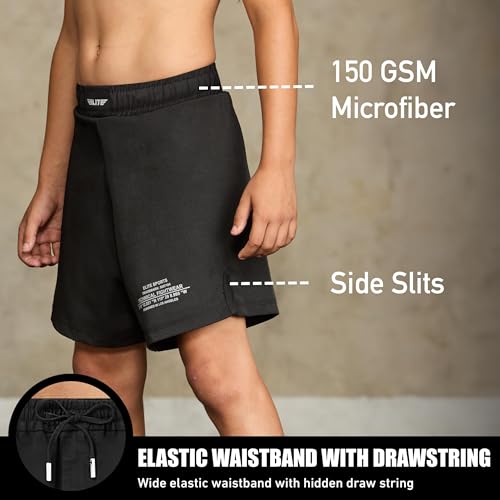 Elite Sports Kids MMA BJJ No GI UFC Grappling Shorts, Sports Shorts for Boys & Girls, Youth Jiu Jitsu Training Shorts Black2