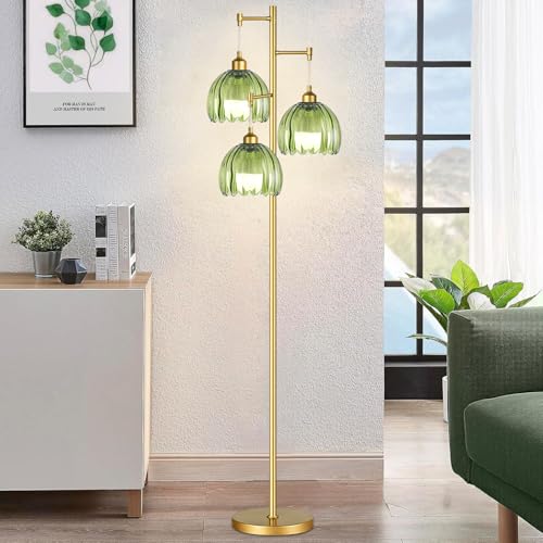 Image of ZECOXOL Gold Floor Lamps for Living Room Bedroom-3 Light Glass Floor Lamp with Three Led Bulb, Rustic Tall Floor Lamp Gold Standing Lamp Tree Floor Lamps for Living Room Bedroom,Office,Corner
